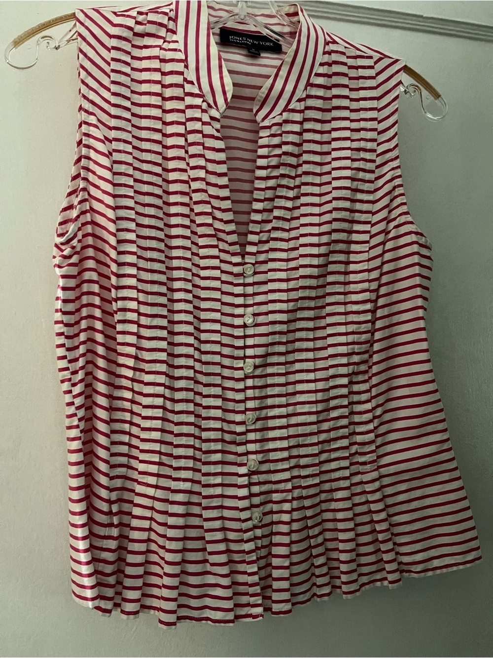 Jones New York Sleeveless Pink and White Striped Pleated Button-Front Top